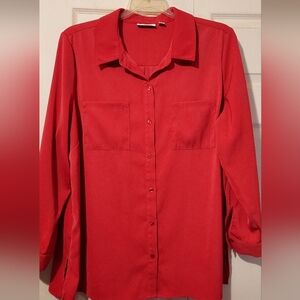 Susan Graver Womens Red Shirt Long Roll Tab Sleeve Button Up Blouse Size 22W